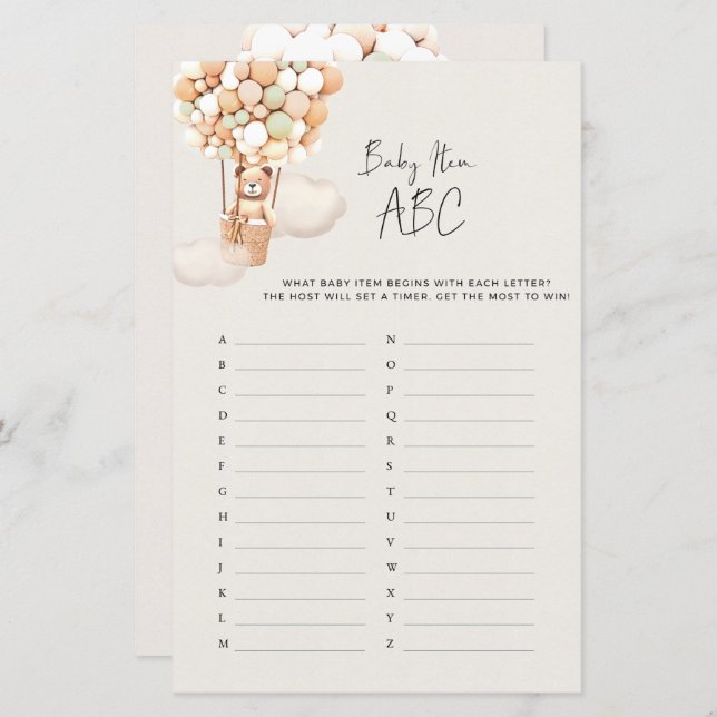 ベアーベビーシャワーゲーム – ベビーアイテムABC (正面/裏面)