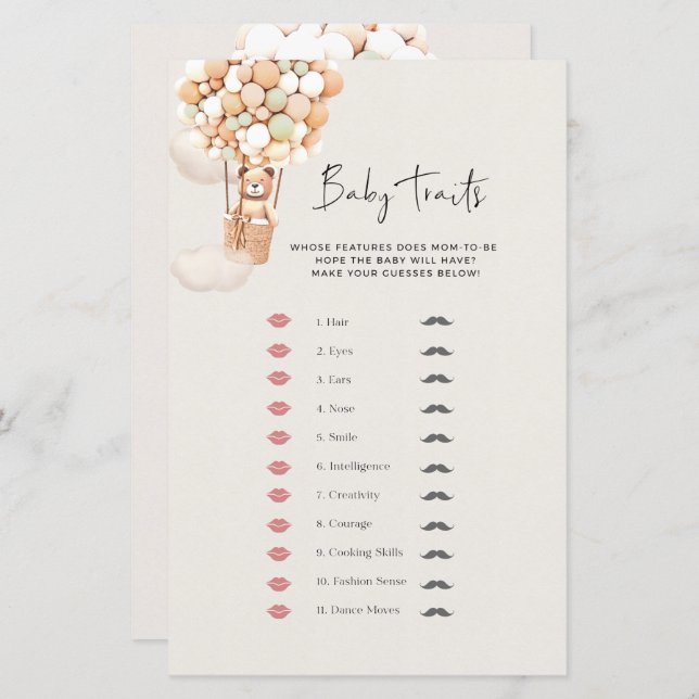 ベアーベビーシャワーゲーム – ベビー特性 (正面/裏面)