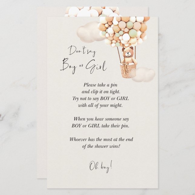ベアーベビーシャワーゲーム – 男の子や女の子と言わない (正面/裏面)
