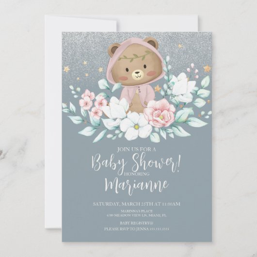 ベアーベビーシャワーフローラグリッターピンク 招待状 (正面)
