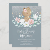 ベアーベビーシャワーフローラグリッターミュートピンク青 招待状 (正面/裏面)