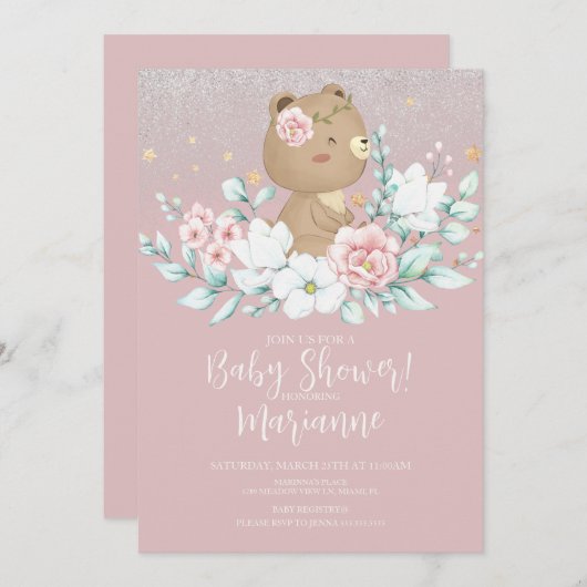 ベアーベビーシャワーフローラグリッターミュートピンク 招待状 (正面/裏面)