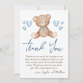 ベアーベビーシャワー、男の赤ちゃん、ブルーハート サンキューカード (正面)