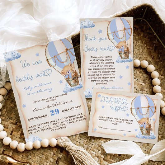 ベアーホットエアバルーン赤ちゃんシャワーブルーベージュ サンキューカード