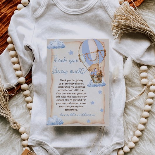 ベアーホットエアバルーン赤ちゃんシャワーブルーベージュ サンキューカード