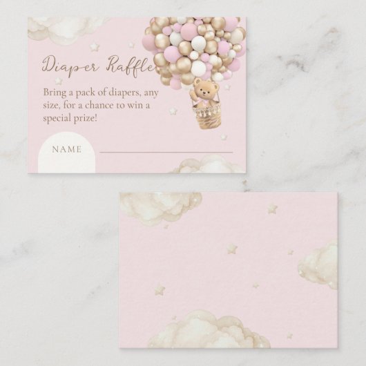 ベアーボホガールピンク赤ちゃんシャワーおむつラッフル エンクロージャーカード (正面/裏面)
