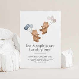 ベアーボーイガールツインズジョイント1st誕生日招待状 招待状