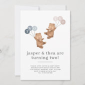 ベアーボーイガールツインズジョイント2nd誕生日招待状 招待状 (正面)