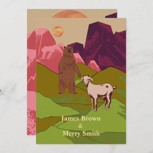 ベアーヤートピンクマウンテンズ金ゴールドムーン結婚ズ 招待状 (正面/裏面)