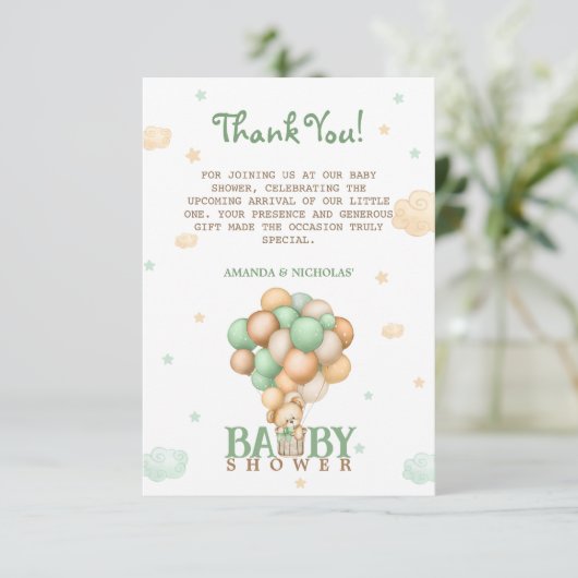 ベアーライトグリーンバルーン赤ちゃんシャワーありがとう サンキューカード (スタンド正面)