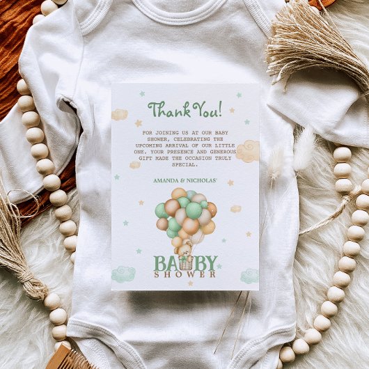 ベアーライトグリーンバルーン赤ちゃんシャワーありがとう サンキューカード