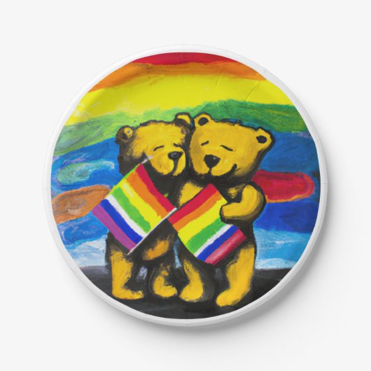 ベアーラブカップルLGBTレインボー国旗 ペーパープレート (正面)