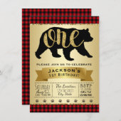 ベアーランバージャックファーストバースデーパーティ招待状 招待状 (正面/裏面)