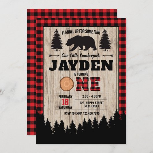 ベアーランバージャック誕生日招待状。ボーイ誕生日 招待状 (正面/裏面)