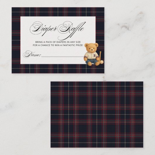 ベアー名門私立校風のベースボールベビーシャワーおむつラッフル エンクロージャーカード (正面/裏面)