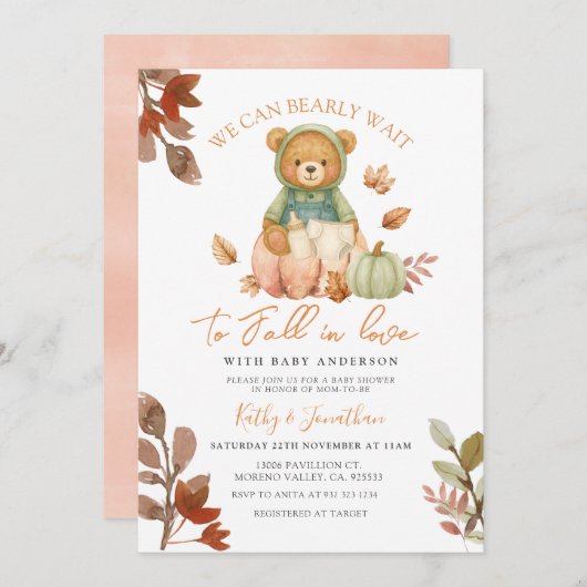 ベアー秋インラブパンプキンミルクボトルベビーシャワー 招待状 (正面/裏面)