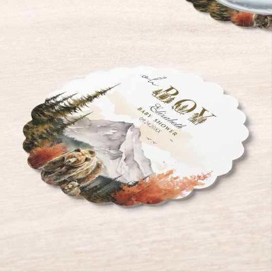 ベアー素朴アドベンチャー"Oh Boy"赤ちゃんシャワー ペーパーコースター (アングル)