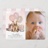 ベアー・イ1歳の誕生日ベアーピンクバルーンガール写真 招待状 (正面/裏面)