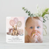 ベアー・イ1歳の誕生日ベアーピンクバルーンガール写真 招待状 (スタンド正面)