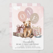 ベアー・イ1歳の誕生日ベアーピンクバルーンガール 招待状 (正面/裏面)