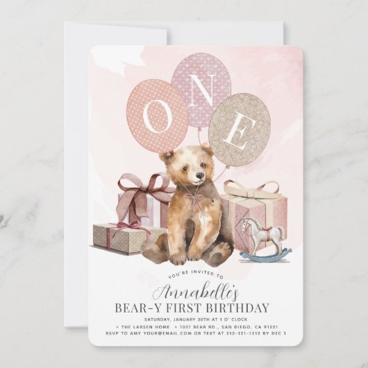 ベアー・イ1歳の誕生日ベアーピンクバルーンガール 招待状 (正面)