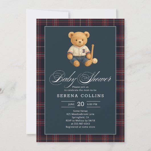 ベア名門私立校風のベースボールプレイドベビーシャワー招待状 招待状 (正面)