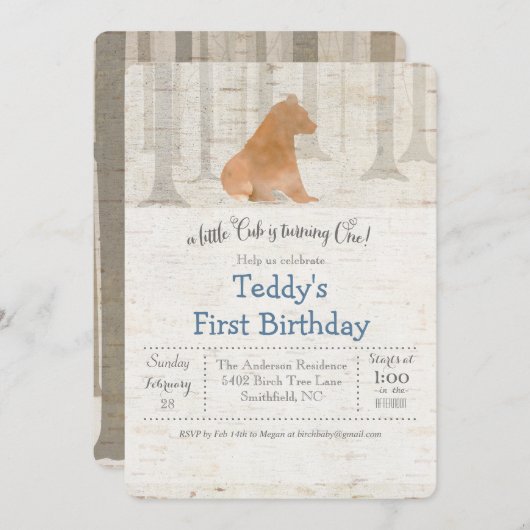 ベア樺の木ファースト1歳招待状 招待状 (正面/裏面)