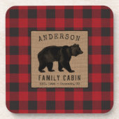 ベア素朴ファミリーキャビン赤バッファロープレイドバーラップ コースター (正面)