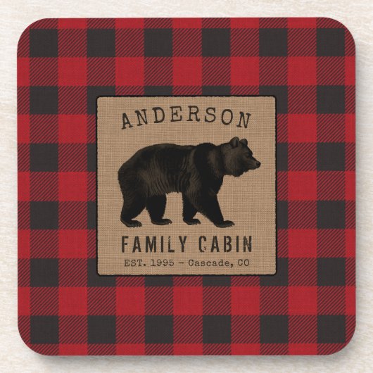 ベア素朴ファミリーキャビン赤バッファロープレイドバーラップ コースター (正面)