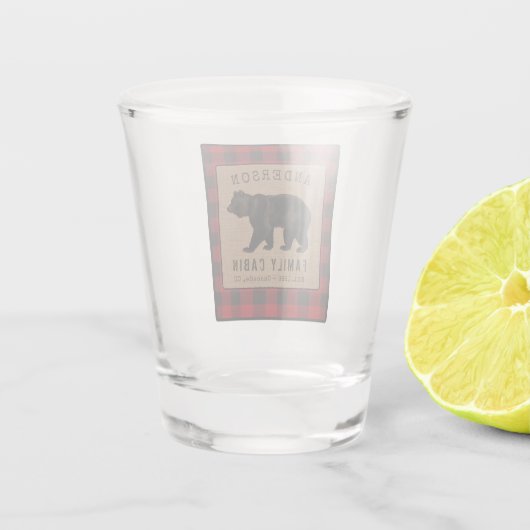 ベア素朴ファミリーキャビン赤バッファロープレイドバーラップ ショットグラス (裏面)