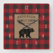ベア素朴ファミリーキャビン赤バッファロープレイドバーラップ スクエア壁時計 (正面)