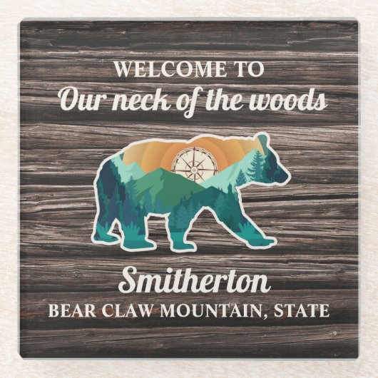 ベア素朴マウンテンズコンパスファミリー名歓迎 ガラスコースター (正面)