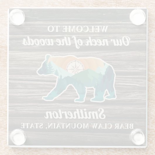 ベア素朴マウンテンズコンパスファミリー名歓迎 ガラスコースター (裏面)