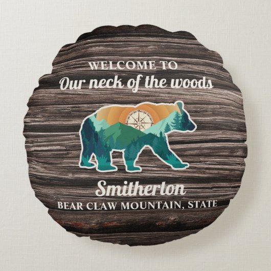 ベア素朴マウンテンズコンパスファミリー名歓迎 ラウンドクッション (正面)