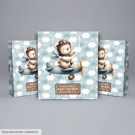 ベア素朴抱き枕付きブルーベビーシャワーパイロット ミディアムペーパーバッグ