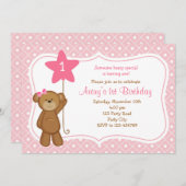 ベア誕生日招待状-女の子の1歳の誕生日 招待状 (正面/裏面)