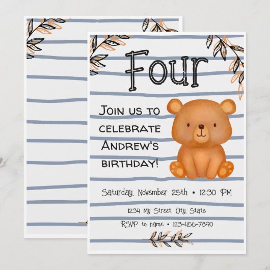 ベア誕生日招待状 招待状 (正面/裏面)