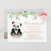 ベア赤面ピンクローズフローラガールベビーシャワー インビテーションポストカード (正面/裏面)