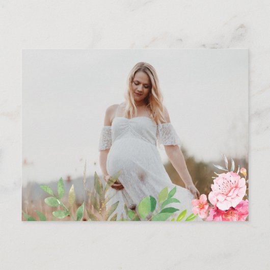 ベア赤面ピンクローズフローラガールベビーシャワー インビテーションポストカード (裏面)