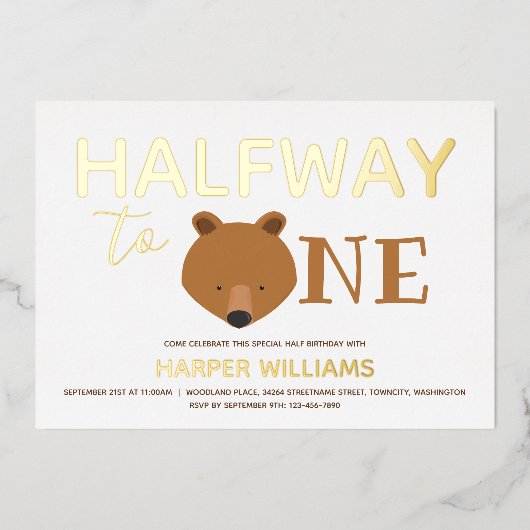 ベア金ゴールド6ヶ月ベビーハーフ誕生日 箔招待状 (正面)