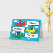 ベア飛んでいる飛行機誕生日カード カード (黄色い花)