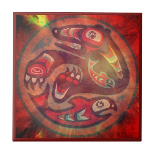 ベア食べサーモン先住民アメリカンタイル タイル (正面)