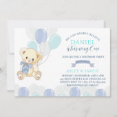 ベア1th誕生日招待状テディベアバルーン サンキューカード (正面)