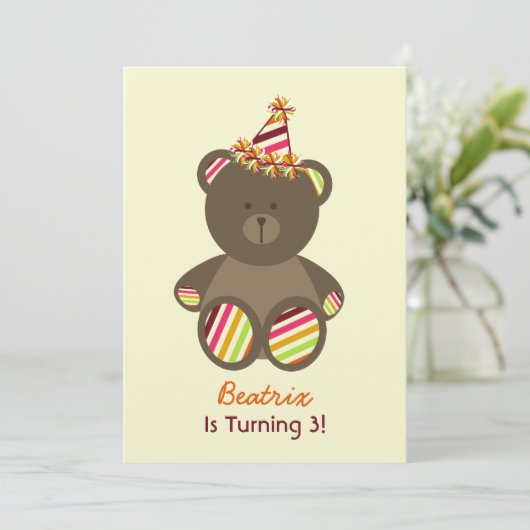 ベア·ウィストライプのズ·誕生日·ハット·ガールズ·パーティー 招待状 (スタンド正面)