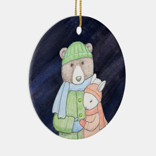 ベア&バニーカップルのクリスマス一緒に名前をカスタムする セラミックオーナメント (右)