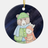 ベア&バニーカップルのクリスマス一緒に名前をカスタムする セラミックオーナメント (正面)