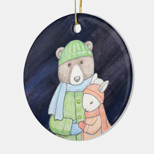 ベア&バニーカップルのクリスマス一緒に名前をカスタムする セラミックオーナメント (左)