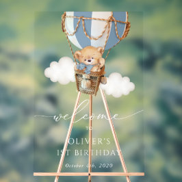ベア、青い熱気球、最初の誕生日へようこそ アクリルサイン