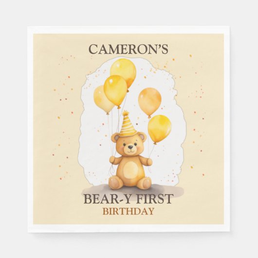 ベア – yファースト誕生日男女兼用イエローベア スタンダードランチョンナプキン (正面)