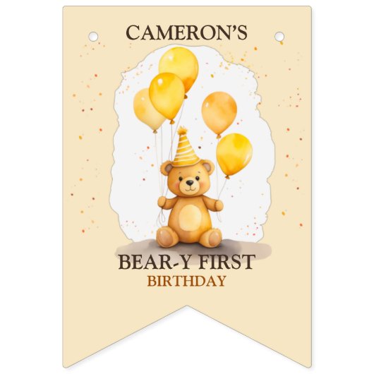 ベア – yファースト誕生日男女兼用イエローベア バンティングフラッグ (第1の旗)